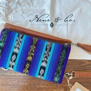 Nena & Co. | Textile Fold Over Clutch | Leather & Fabric | Blues and Purple